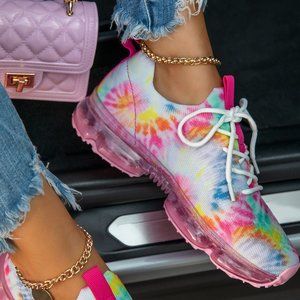 NEW🔥 Pink Multi Tie Dye Lace-Up Stretchy Bubble Air Cushioned Sneaker Slip-On